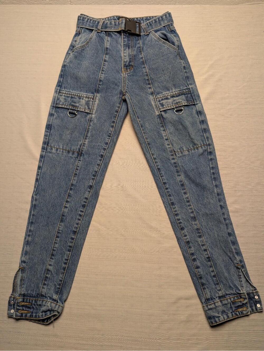 Pretty Little Thing Jeans High Rise Cargo Pockets Belt Clip Denim Size 4